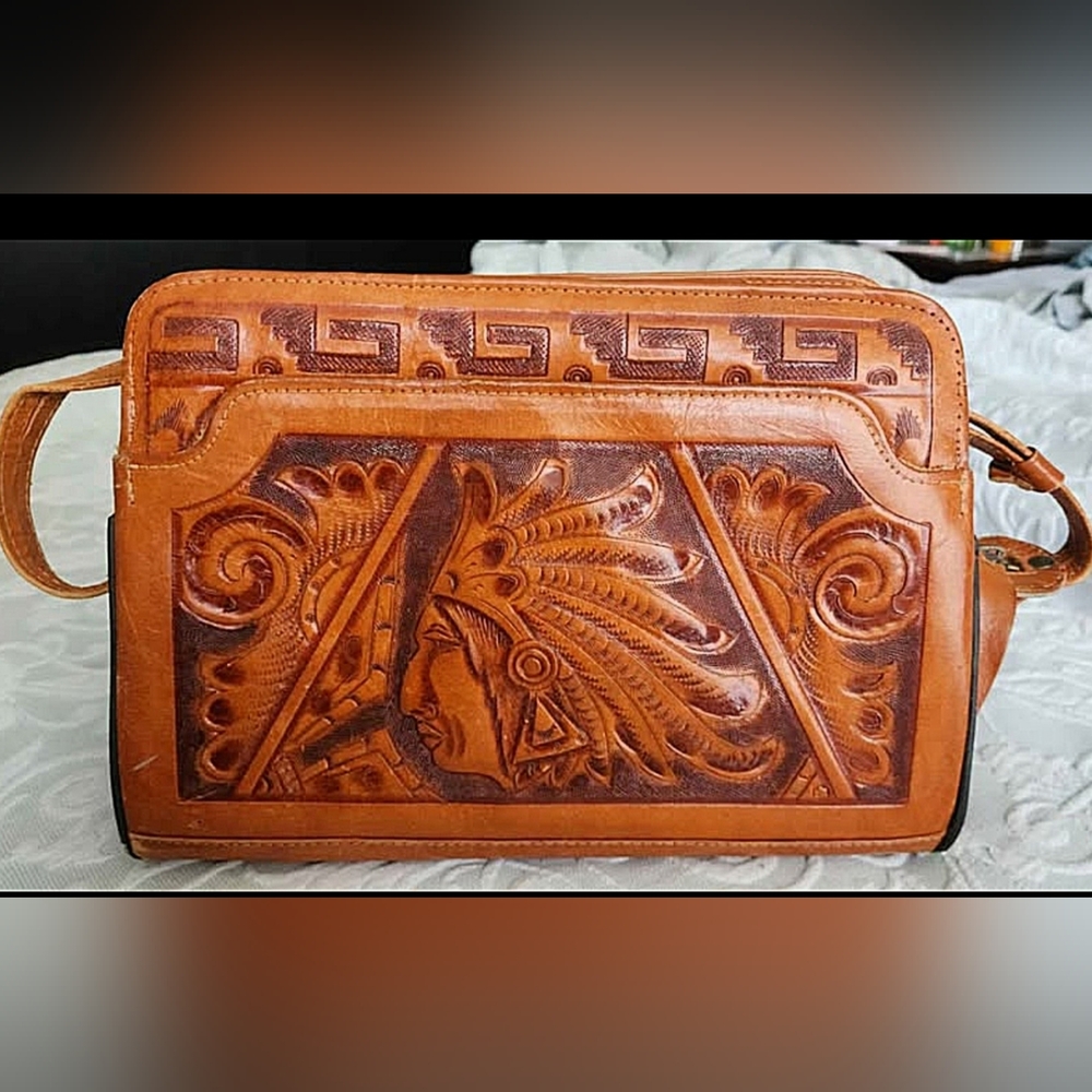 Vintage Tan Leather Shoulder Bag with Intricate Aztec Embossed Design